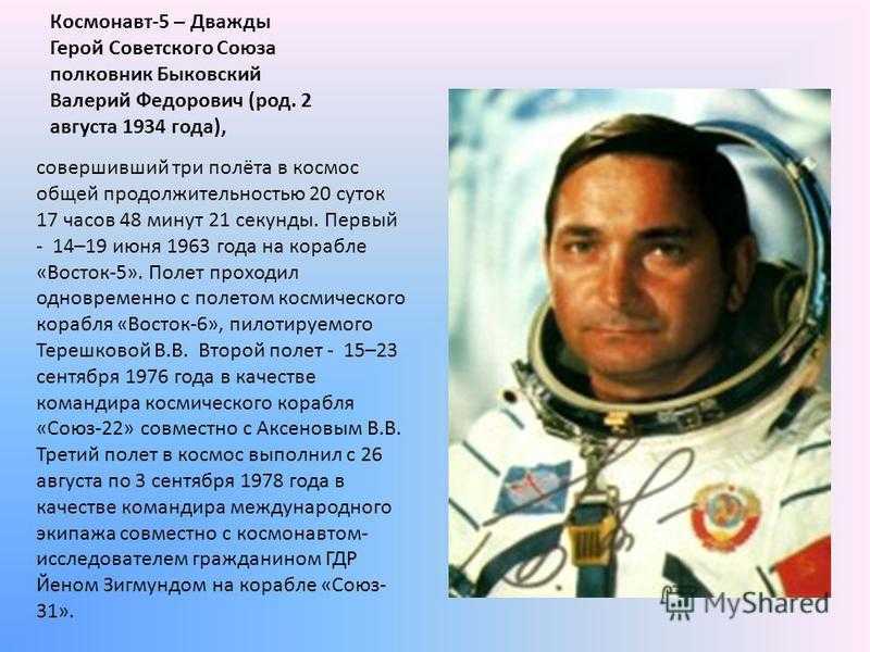Имя первого советского космонавта. Космонавты герои советского Союза. Первый полет Быковского в космос.