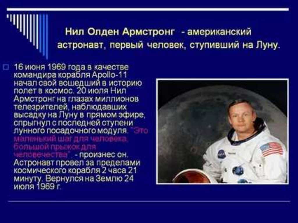 Сообщение о полетах человека. Армстронг первый космонавт США.