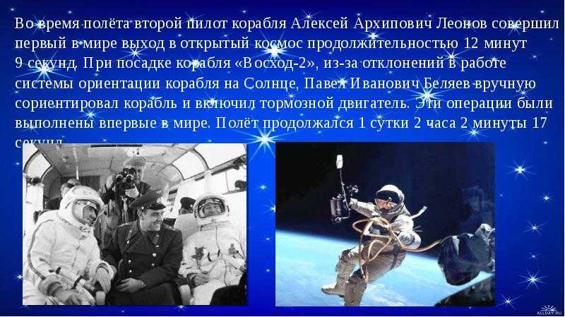 Кто впервые совершил выход в открытый космос. Первый выход в открытый космос Леонова и Беляева.