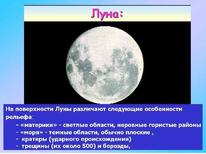 Светит ли луна. Основные формы рельефа Луны. Характеристика Луны.